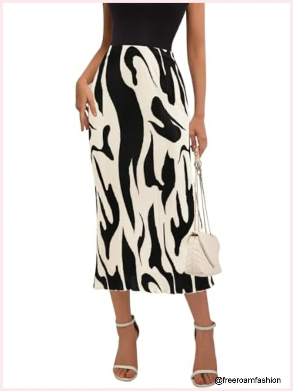 Graphic Print High Waist Plisse Midi Skirt with Ruffle Hem